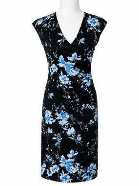 W Wrapper Black Blue Floral Faux Wrap Dress V-Neck Ruched Open Wrap Skirt